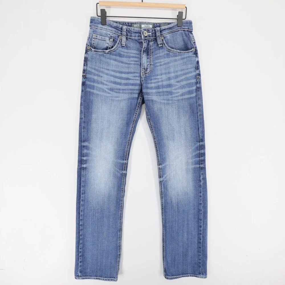 BKE Jake Jeans Mens 29XL Blue Bootcut Stretch Denim Whiskered Distressed